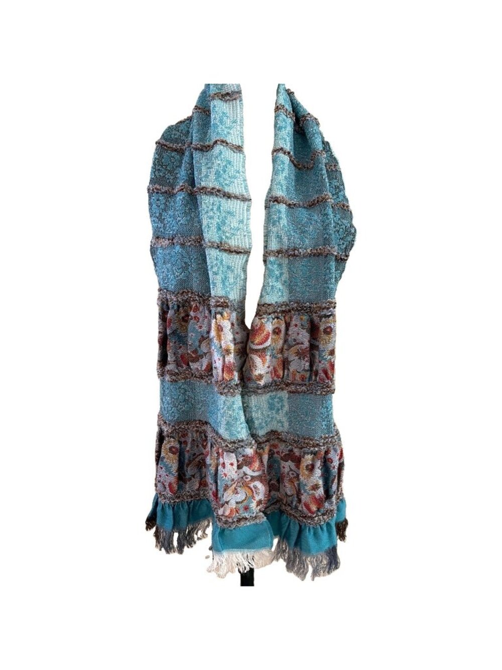 VTG Ruffled Floral Scarf Wrap Blue Patchwork Smocked Embroidery Fringe France